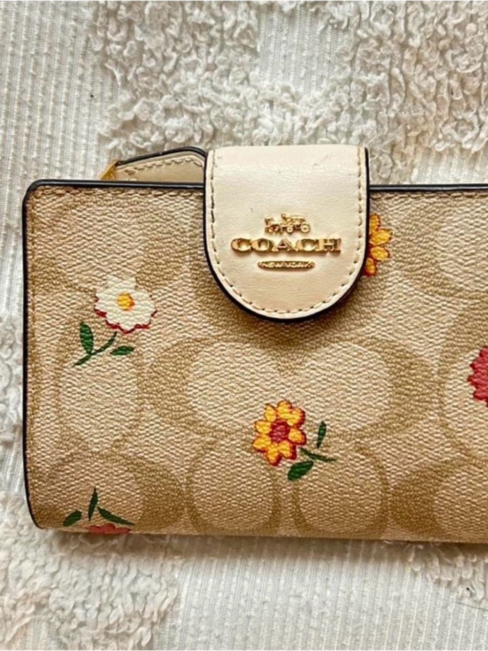 Coach Beige Floral Signature Snap Wallet with Gold Logo